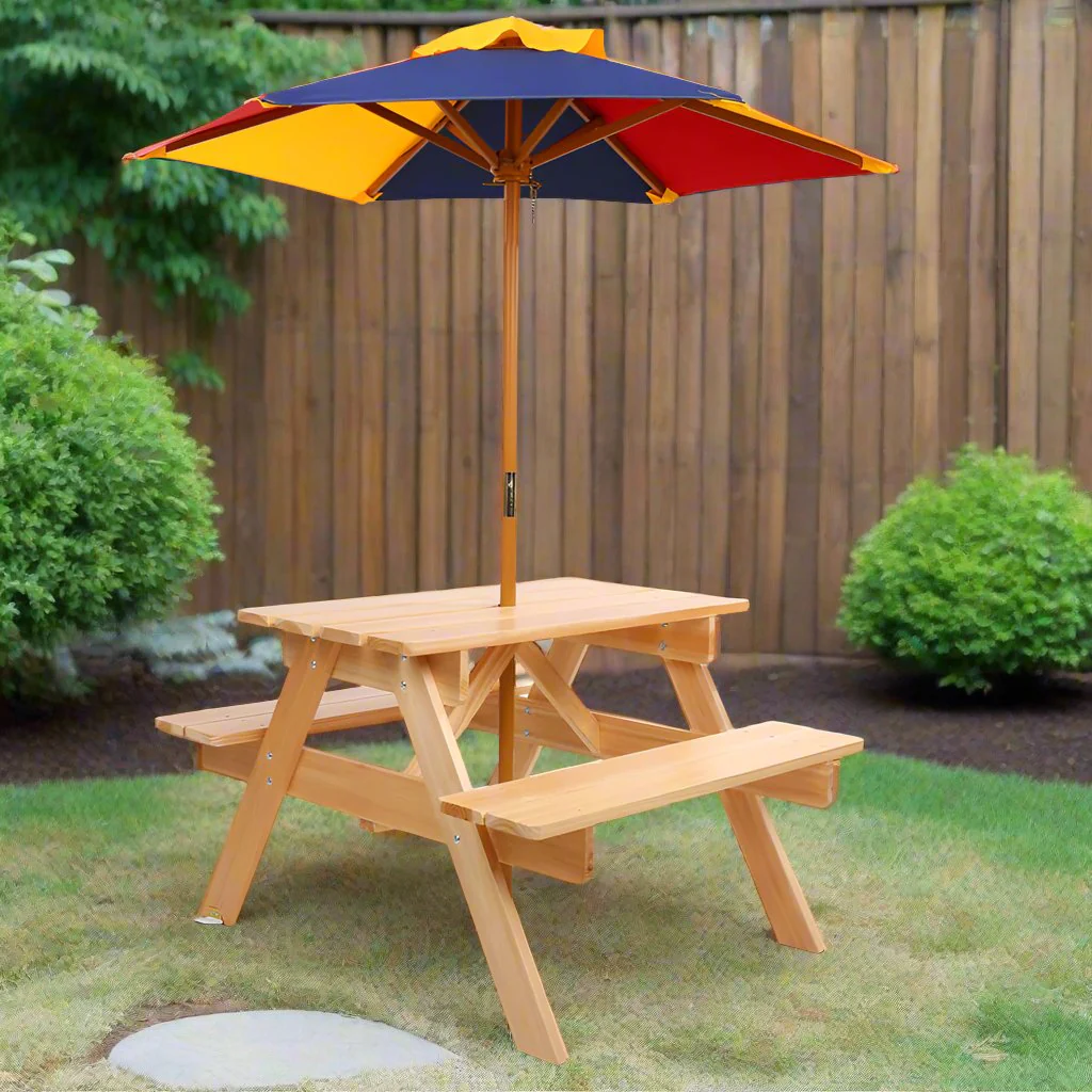Portia Kids Table & Chairs Set Kids Wooden Picnic with Umbrella - Natural - Nurns