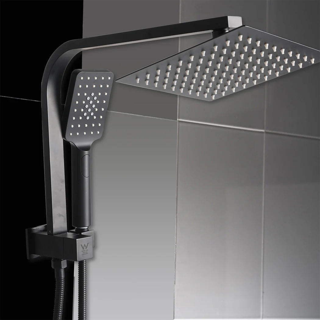 Rain Shower Head Set Black Square Brass Taps Mixer Handheld High Pressure - Nurns