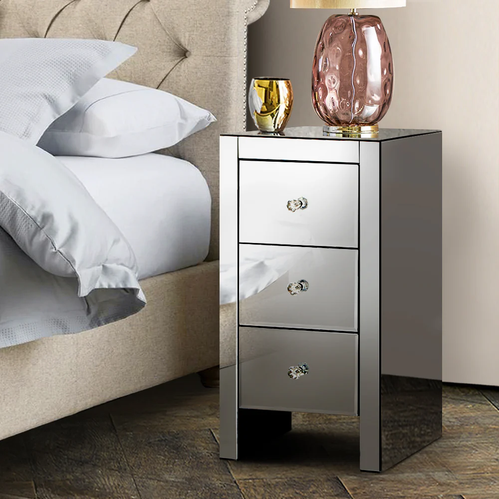 Rouyn Mirrored Bedside Tables Mirrored Glass with 3 Drawers - Grey - Nurns