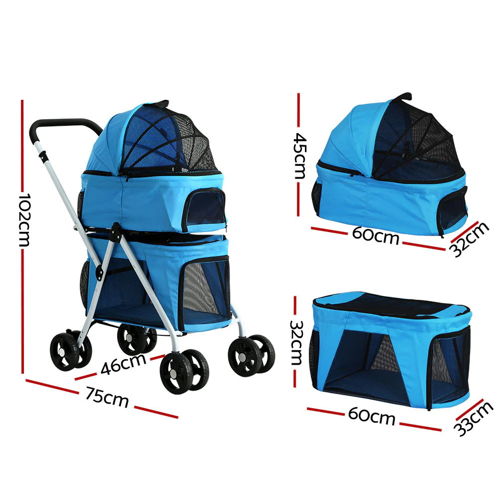 Pet Stroller Dog Pram Cat Carrier Travel Foldable 4 Wheels Double Large - Nurns