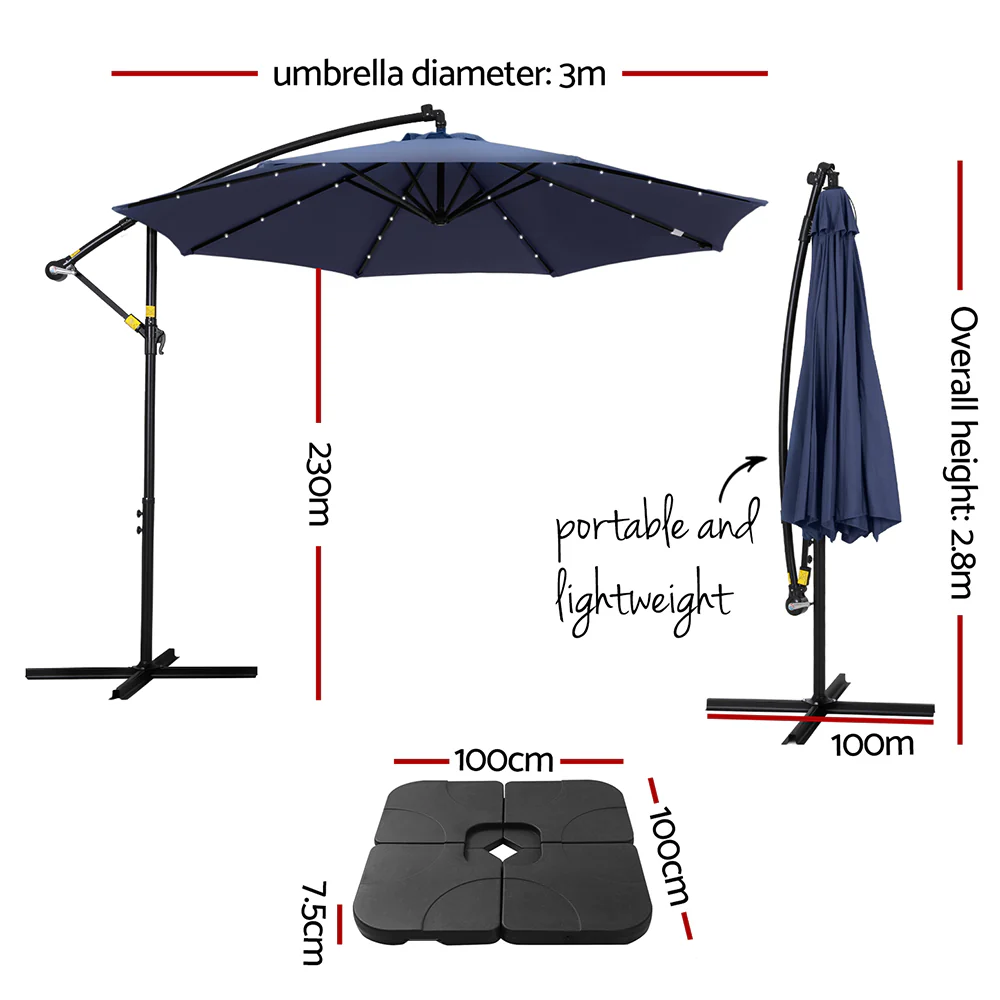Instahut Outdoor Umbrella 3M Cantilever Beach LED w/Base Garden Shade Patio Navy - Nurns