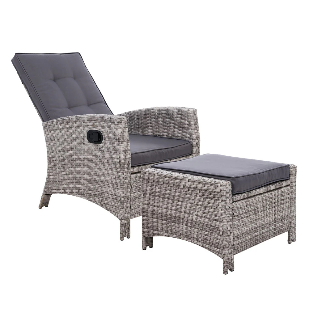 Dursley Recliner Chair Outdoor Furniture Setting Patio Wicker Sofa Chair and Ottoman - Grey - Nurns