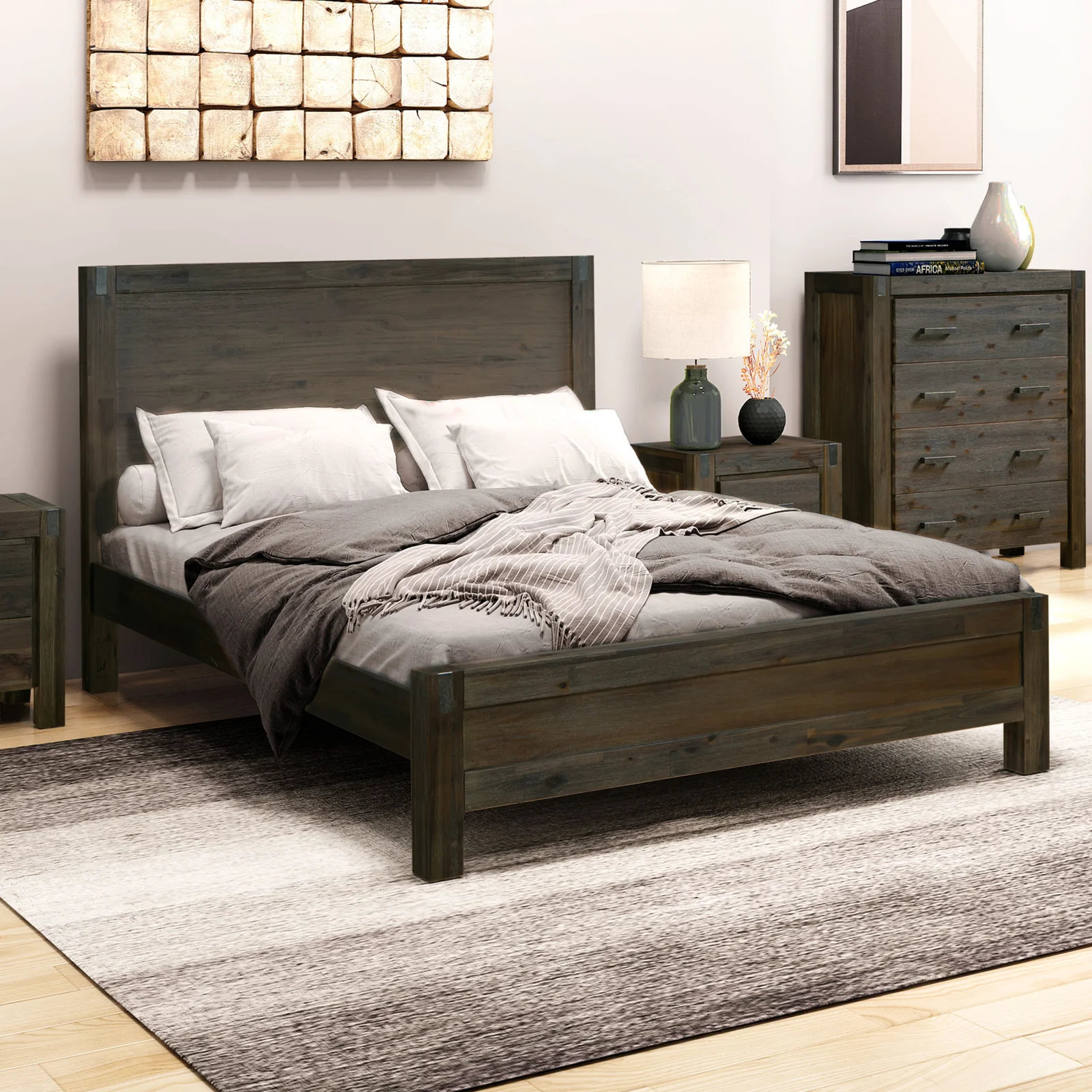 Allison Bed Frame in Solid Wood Veneered Acacia Bedroom Timber Slat - Chocolate Double - Nurns