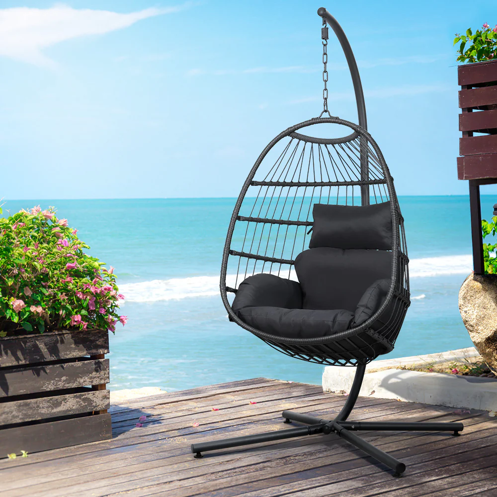 Zeke Egg Swing Chair Wicker with Stand - Black - Nurns