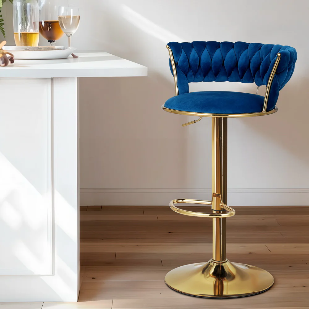 Saldus Bar Stools Gas Lift Velvet Woven Backrest - Navy & Gold - Nurns