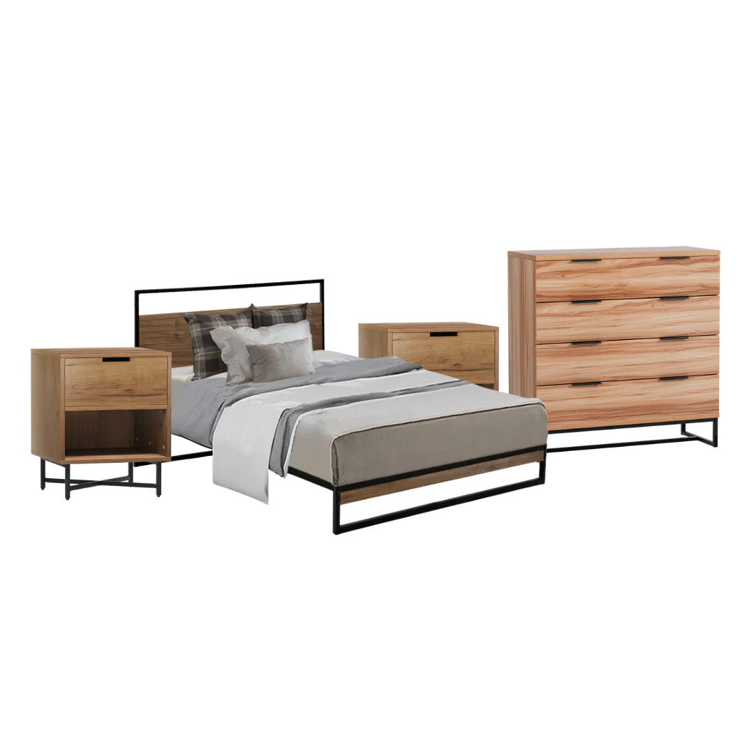 Melrose King Single Bedroom Suite 5 Piece 1x King Single Mattress, 1x King Single Metal Bed Frame, 2x Oak Bedside Tables and 1x Oak Tallboy - Nurns