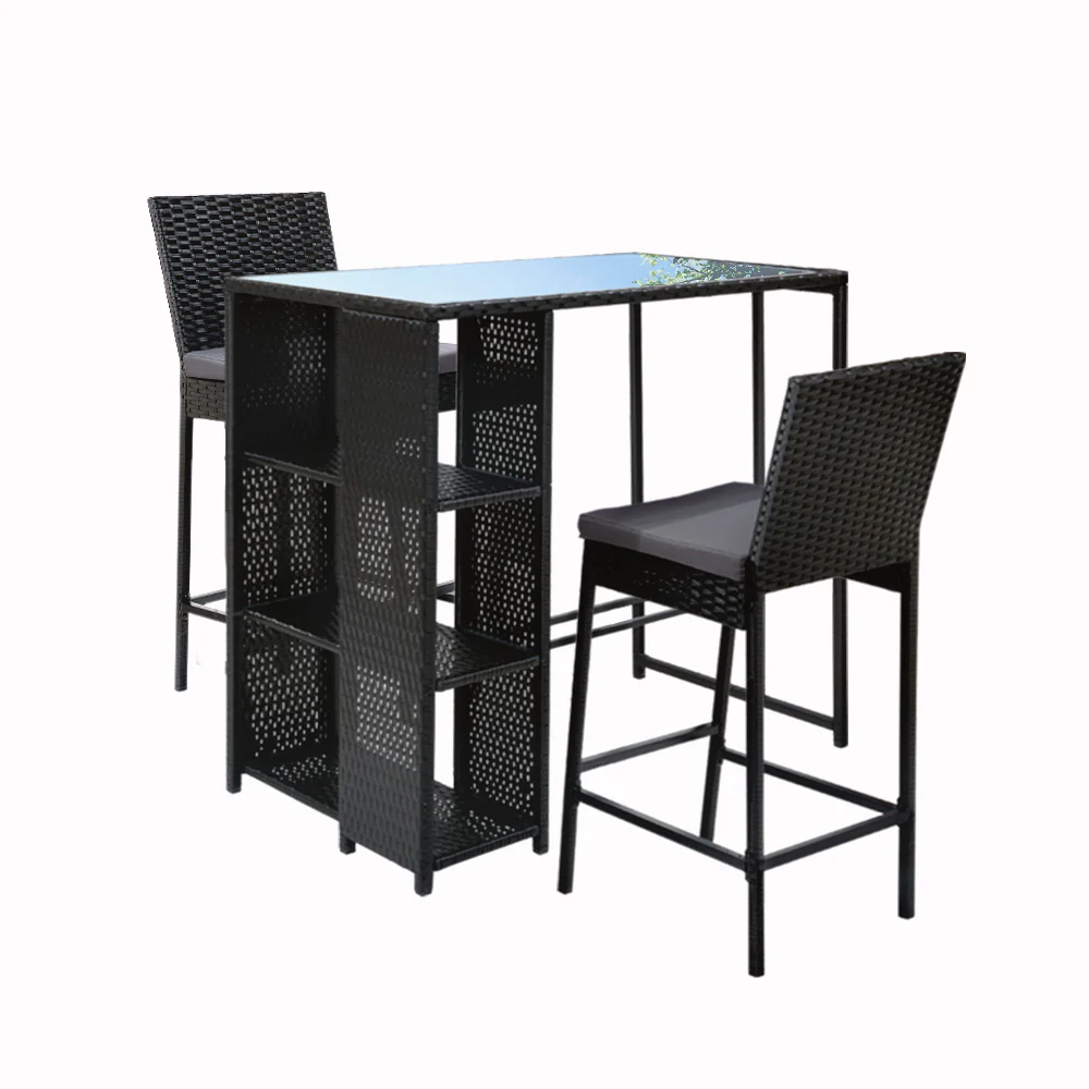 Mark 2-Seater Patio Furniture Chairs Wicker 3-Piece Outdoor Bar Table Stools Set - Black - Nurns