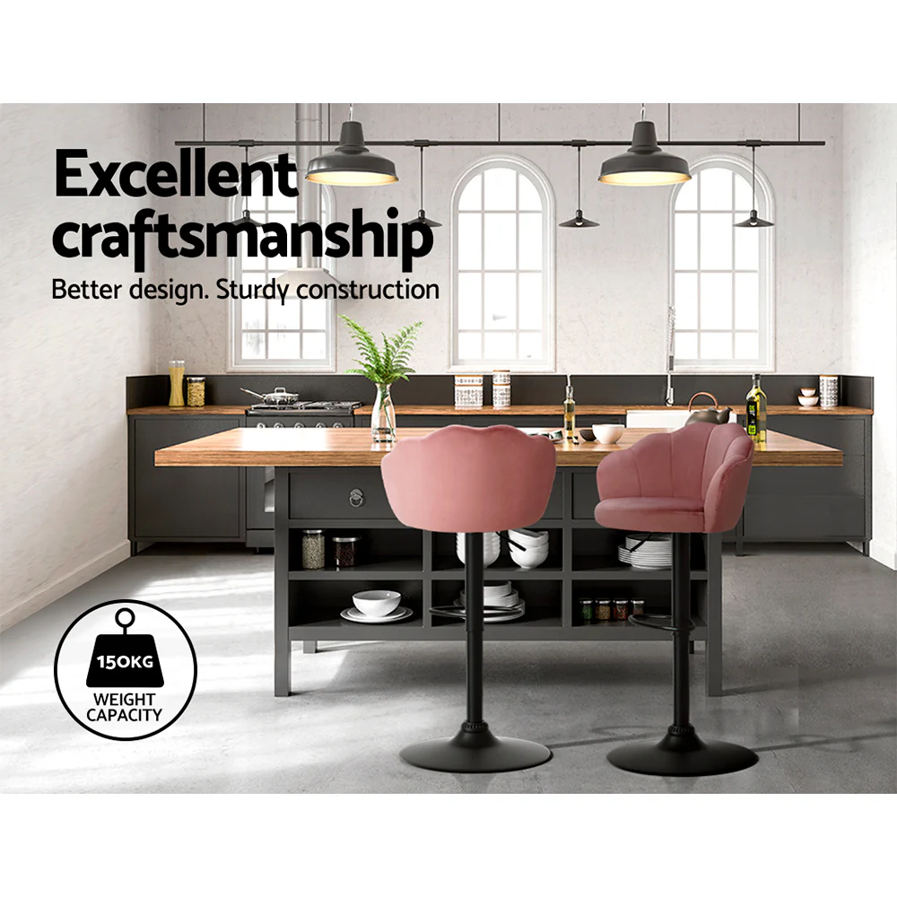 Set of 2 Naples Bar Stools Kitchen Stool Swivel Chair Gas Lift Velvet Chairs - Pink - Nurns