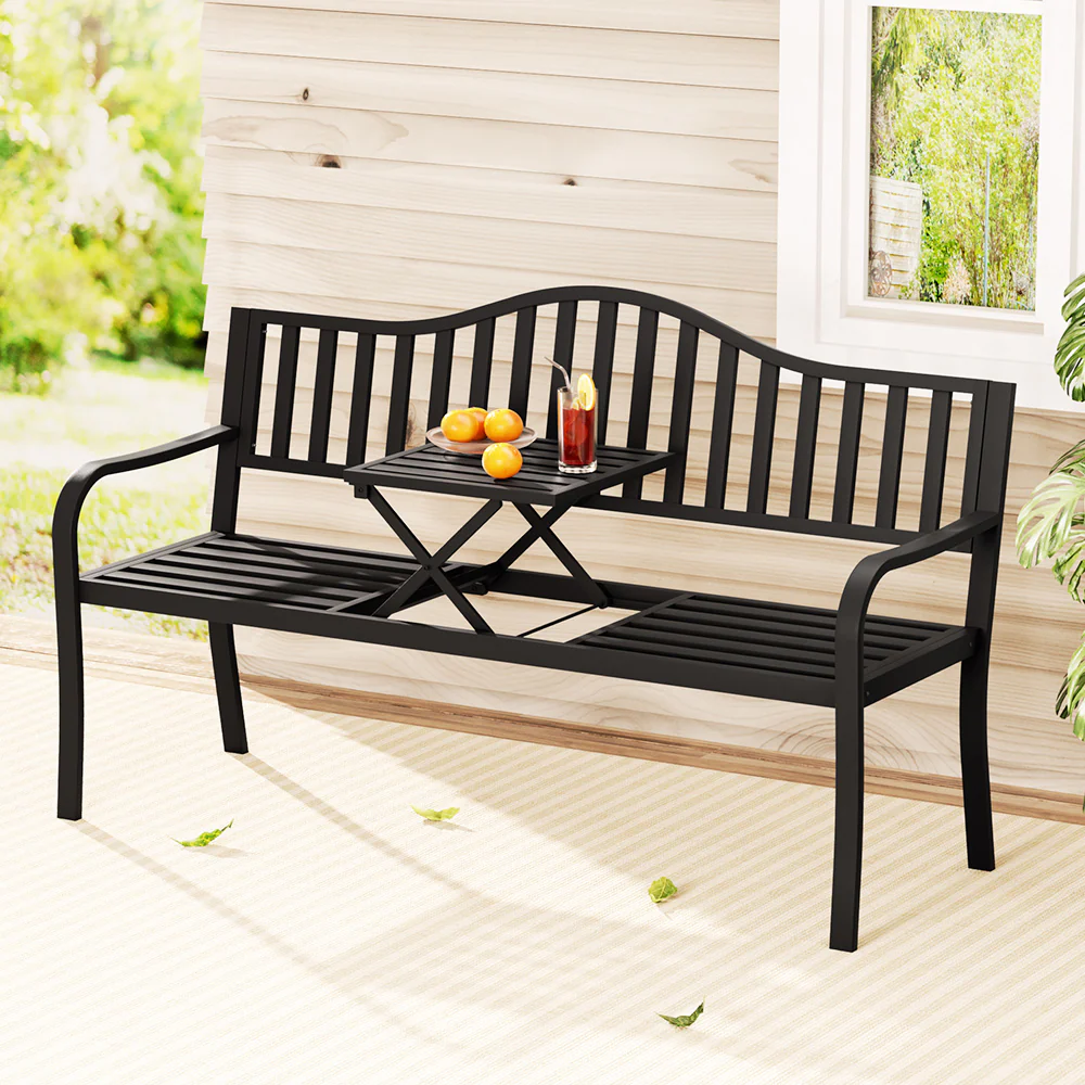 Calliope Outdoor Garden Bench Steel Foldable Table Furniture Patio Loveseat - Black - Nurns