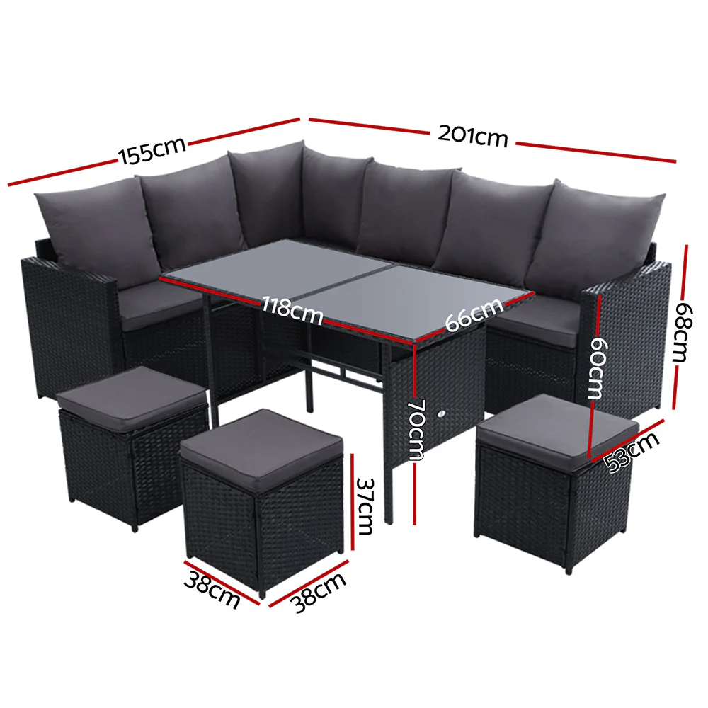 David 9-Seater Furniture Dining Lounge Wicker 5-Piece Outdoor Sofa - Black - Nurns