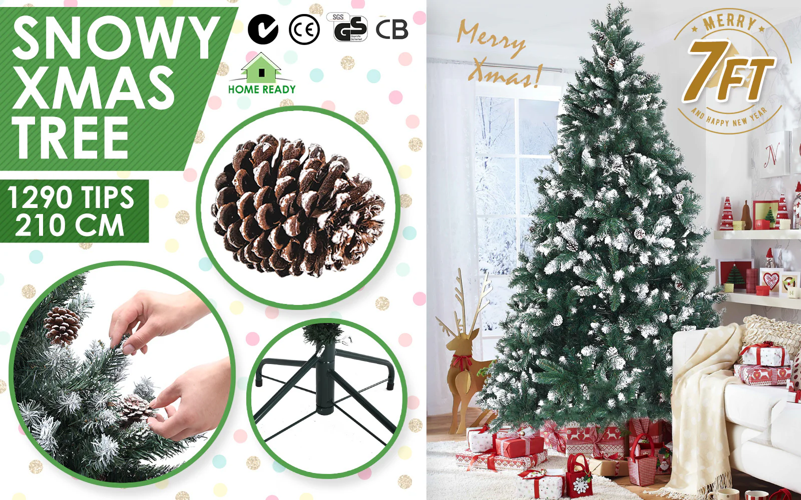 7ft 2.1m 1290 Tips Snowy Christmas Tree Xmas Pine Cones Green - Nurns