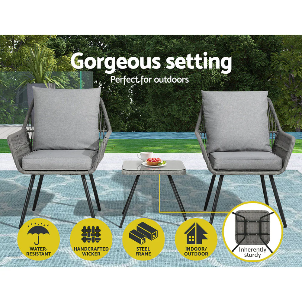 Dionne 2-Seater Chairs Table Patio 3-Piece Outdoor Furniture - Grey - Nurns