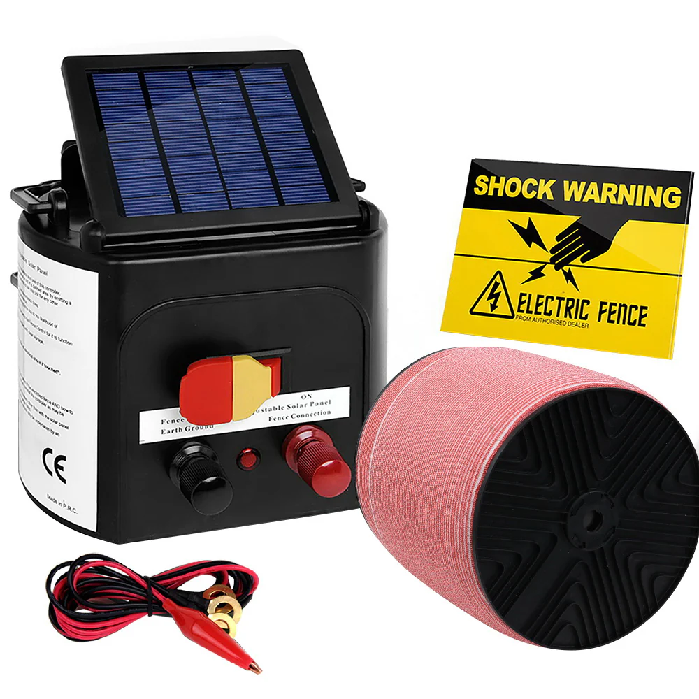 Electric Fence Energiser 3km Solar Powered Energizer Set + 1200m Tape - Nurns
