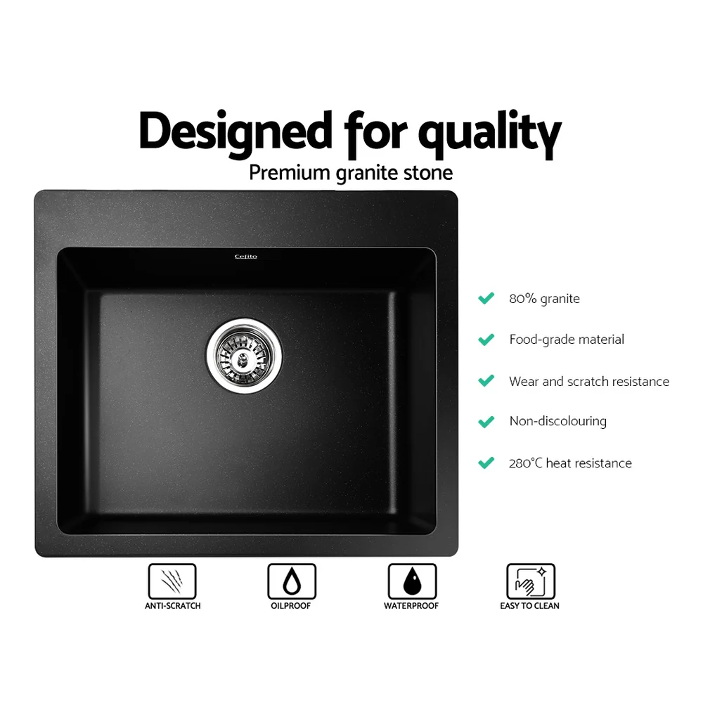 Stone Kitchen Sink 570x500Mm Granite Under or Top mount Basin Bowl Laundry Black - Nurns