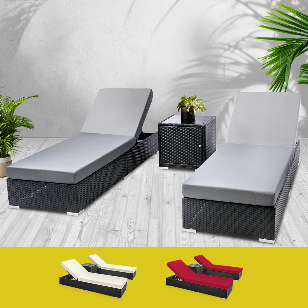 Herbert 3-Piece Outdoor Sun Lounge Wicker Chair with Cushion - Black - Nurns