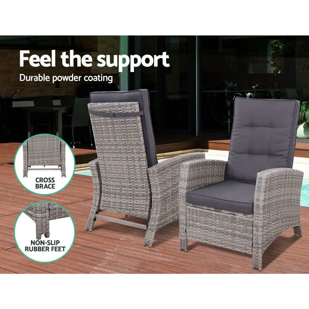 Ross 3-Piece Recliner Chair Outdoor Furniture Bistro Setting Patio Wicker Sofa Chair and Ottoman - Grey - Nurns