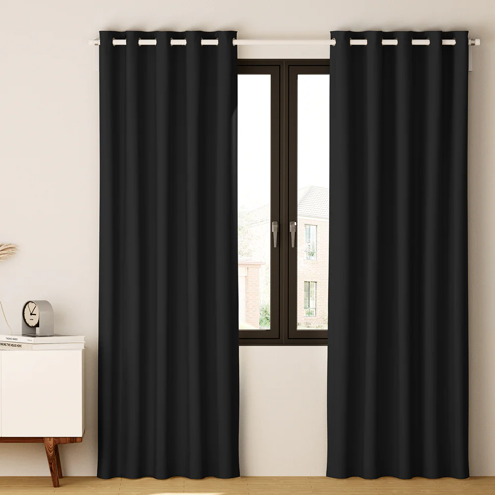 Set of 2 Blockout Curtains Blackout Window Curtain Eyelet 180x213cm Black - Nurns