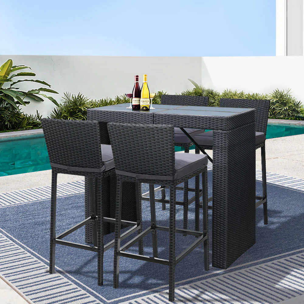 Ronan 4-Seater Stools Rattan Patio Furniture 5-Piece Outdoor Table And Chair Set - Black - Nurns