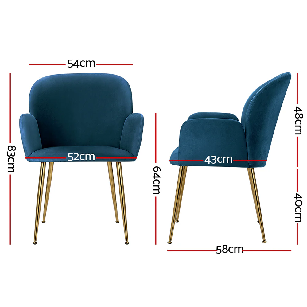 Bentley Set of 2 Dining Chairs Velvet Armchair - Blue - Nurns