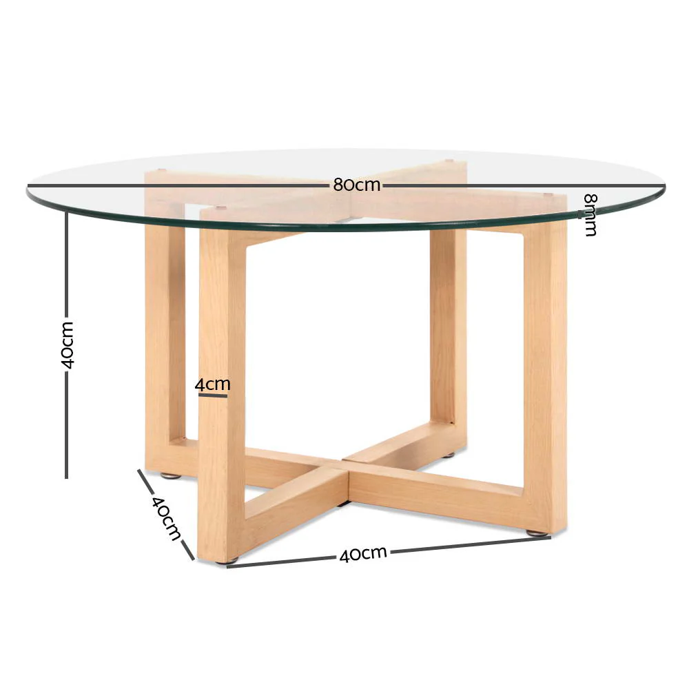 Idas Coffee Table 80cm Round Tempered Glass - Wood - Nurns