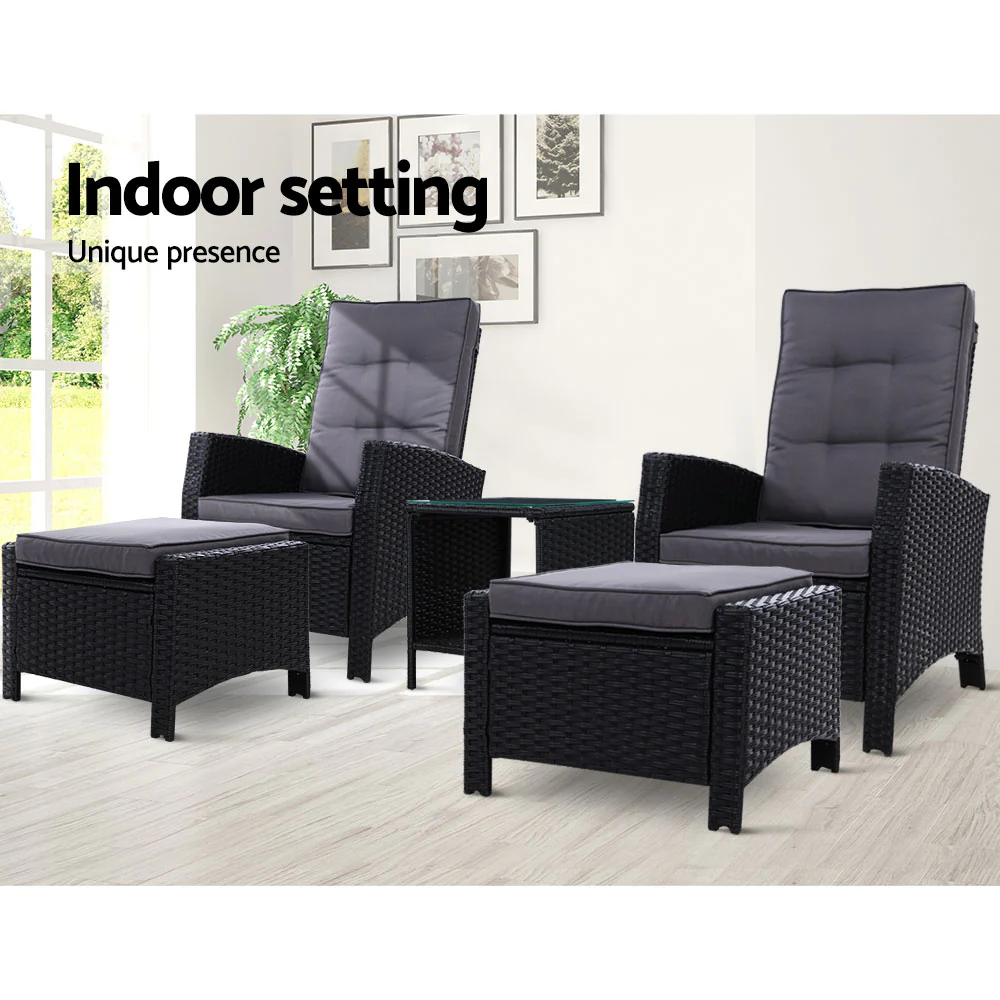 Ross 5-Piece Recliner Chair Outdoor Furniture Setting Patio Wicker Sofa Chair and Ottoman - Black - Nurns