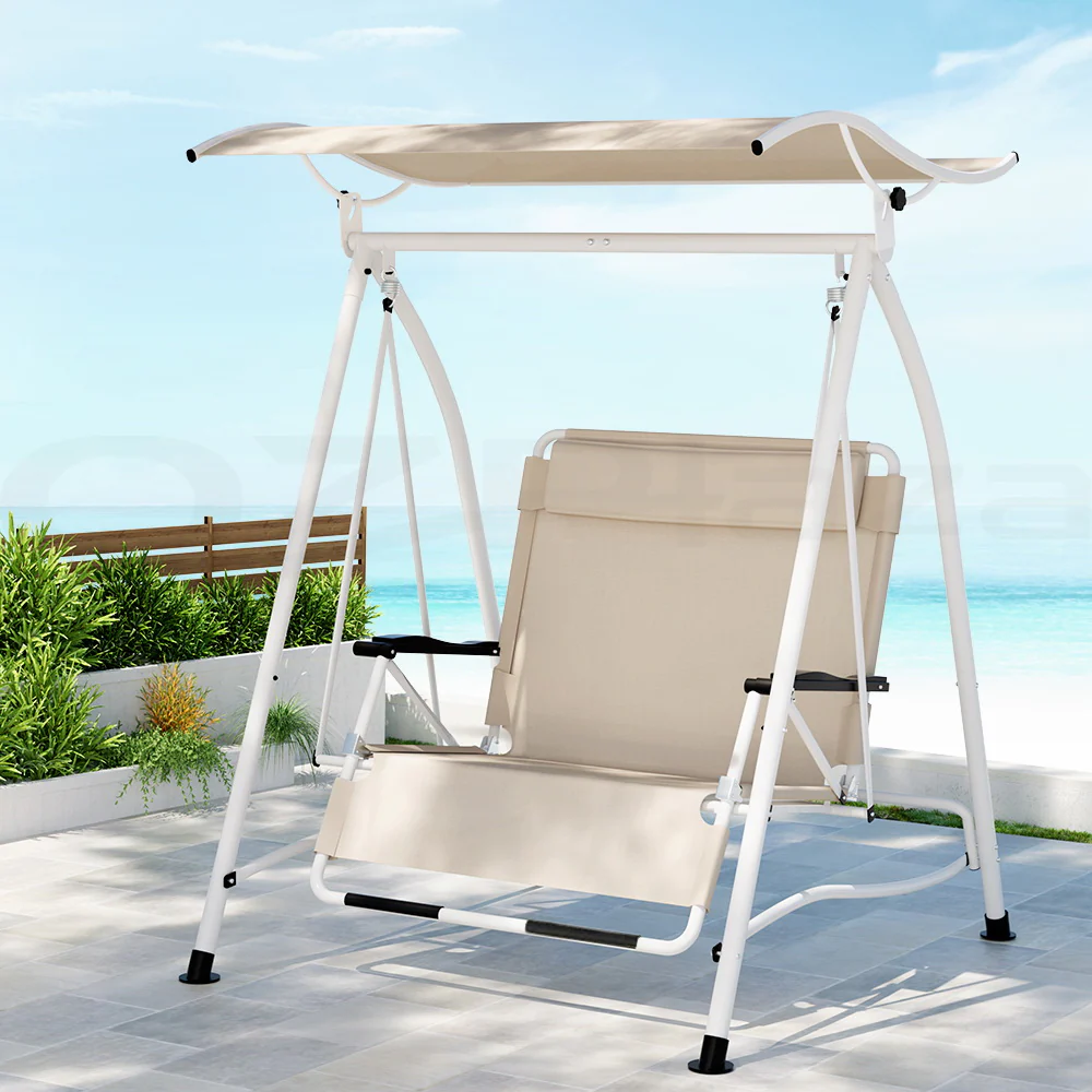 Evan Outdoor Swing Chair Garden Lounger Furniture Canopy 2 Seater - Beige - Nurns