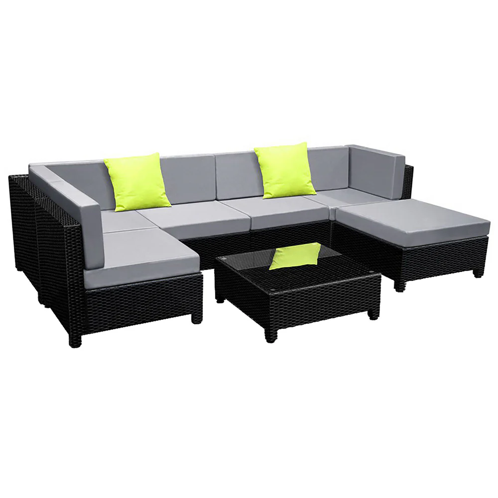 Homer 6-Seater Outdoor Set Furniture Lounge Setting Wicker Couches Garden Patio Pool 7-Piece Sofa - Black - Nurns