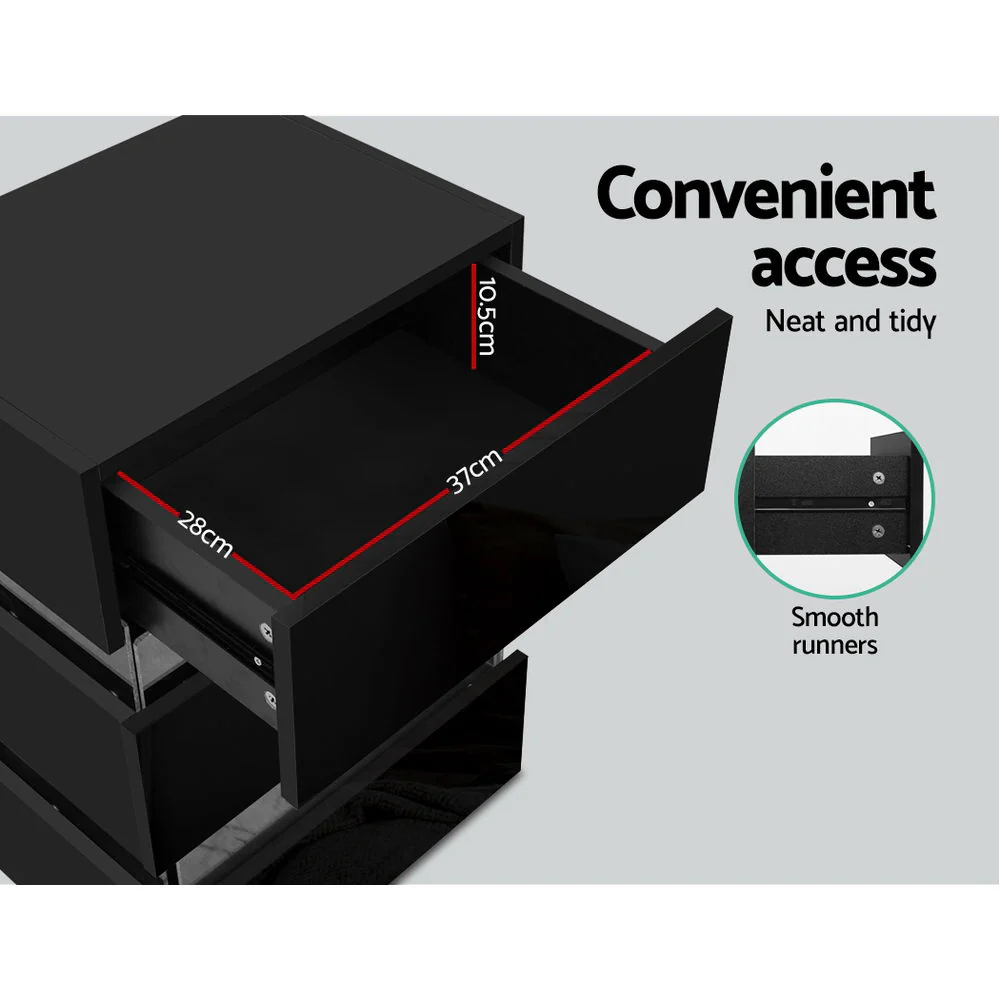 Perce LED High Gloss Bedside Tables Side Unit RGB LED Lamp Nightstand Gloss Furniture with 3 Drawers - Black - Nurns