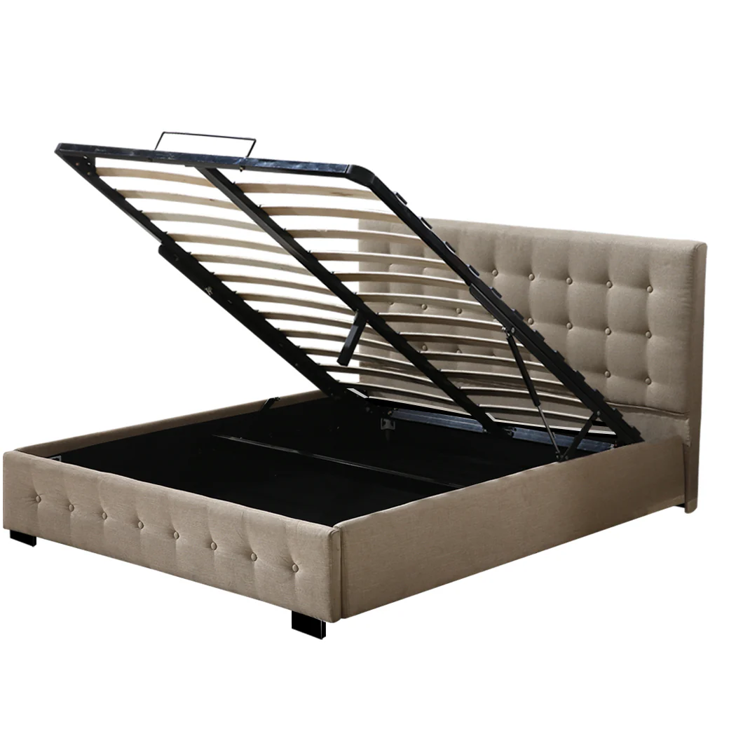 Syke Gas Lift Bed Frame Fabric Base with Storage - Beige King - Nurns