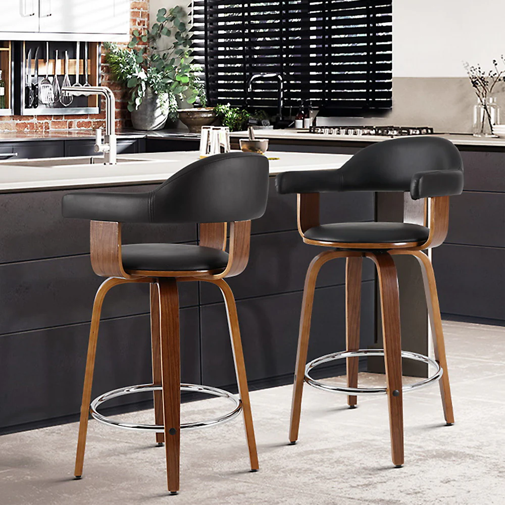 Set of 2 Evora Bar Stools PU Leather Wooden Swivel - Wood,Chrome & Black - Nurns