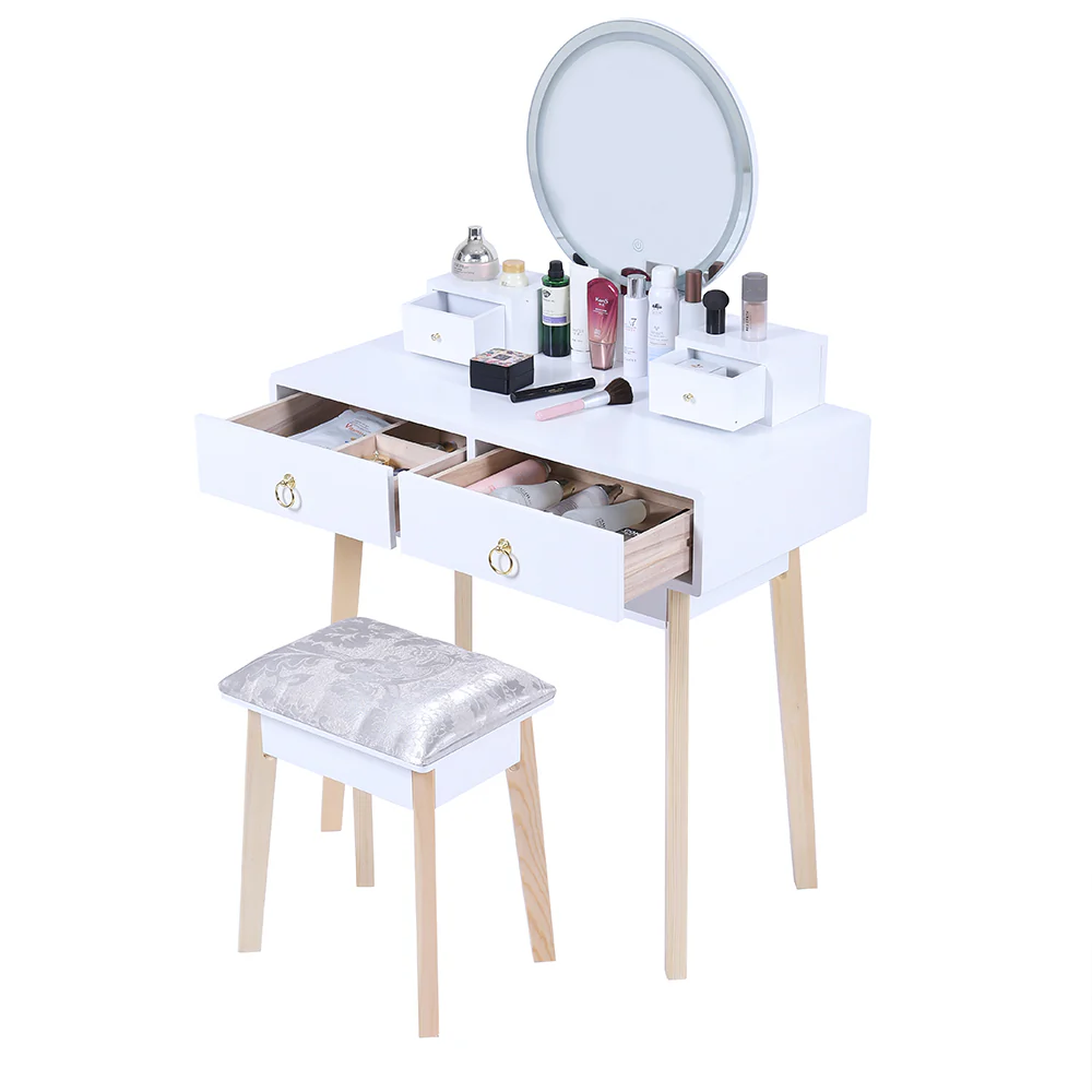 Dressing Vanity Table Stool Set with Make-up LED Lighted Mirror-White - Nurns