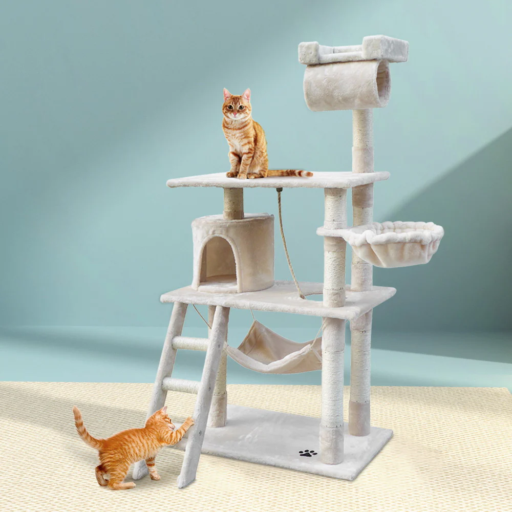 Cat Tree 141cm Trees Scratching Post Scratcher Tower Condo House Furniture Wood - Beige - Nurns