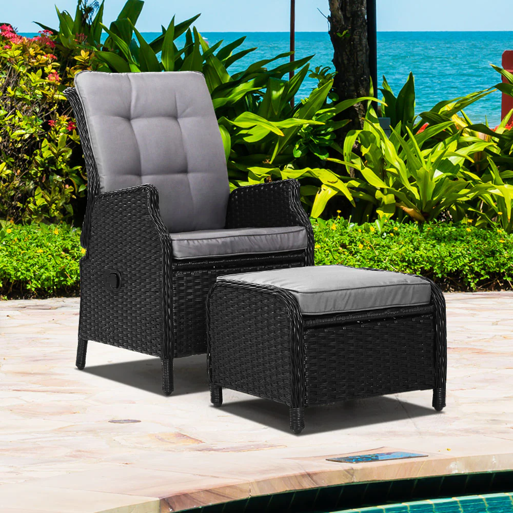 Yeovil Recliner Chair Outdoor Furniture Setting Patio Wicker Sofa Chair and Ottoman - Black - Nurns