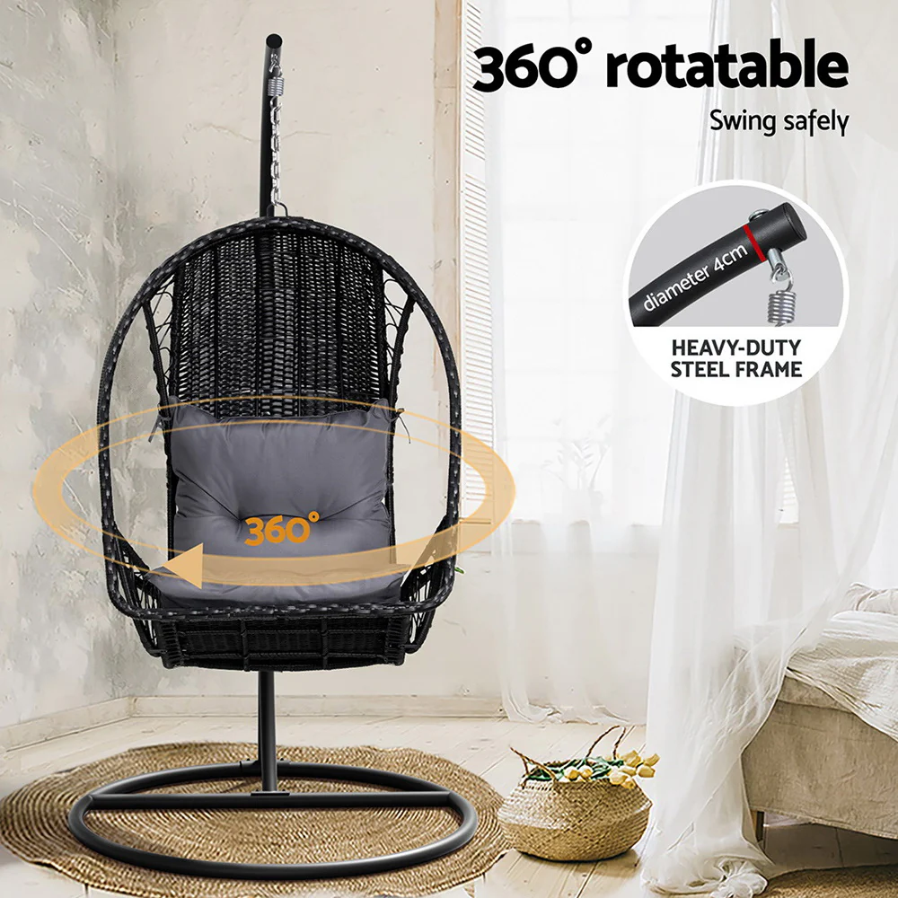 Layla Outdoor Egg Swing Chair with Stand Cushion Wicker Armrest - Black - Nurns