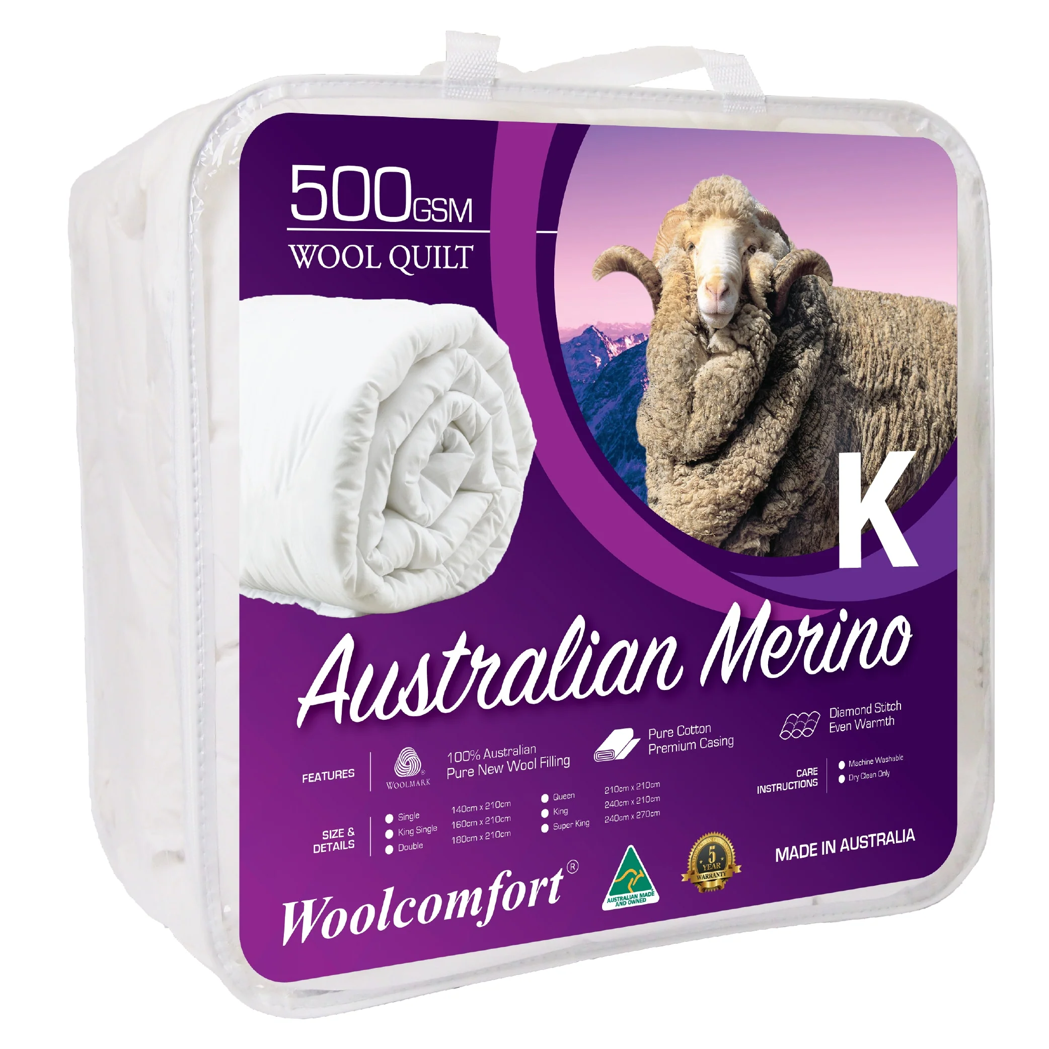 King Woolcomfort AUS Made Merino Wool Quilt 500GSM 240x210cm - Nurns