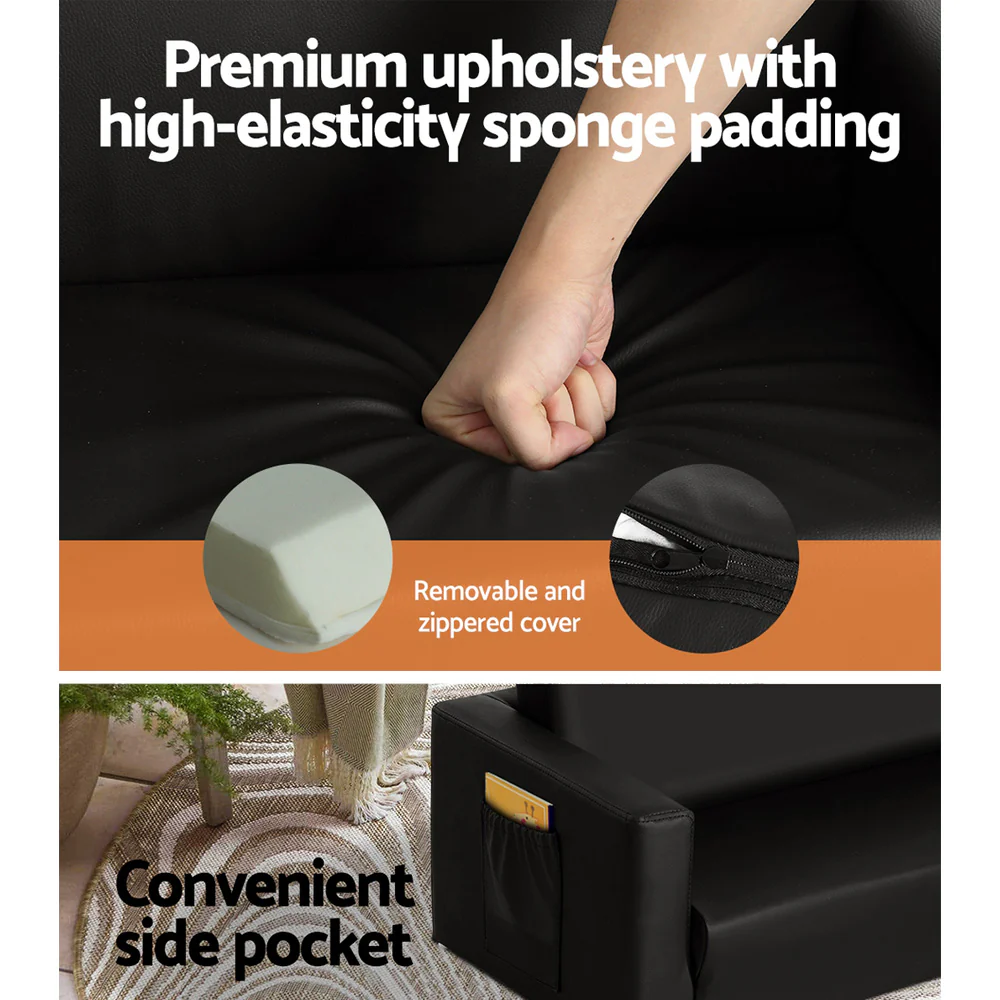 Phineas Kids Convertible Armchair Sofa 2 Seater Chair Children Flip Open Couch - Black - Nurns