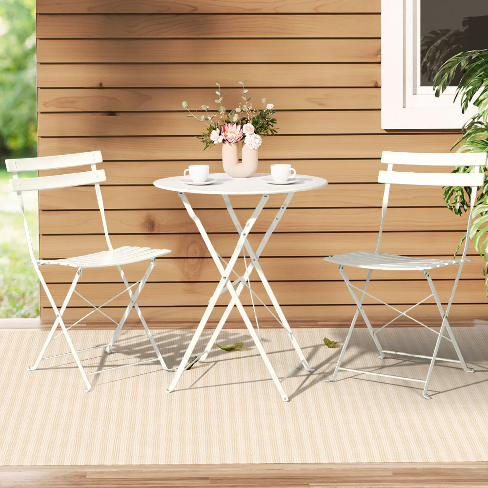 Andre 2-Seater Steel Table and Chairs Patio Furniture 3-Piece Outdoor Bistro Set - White - Nurns
