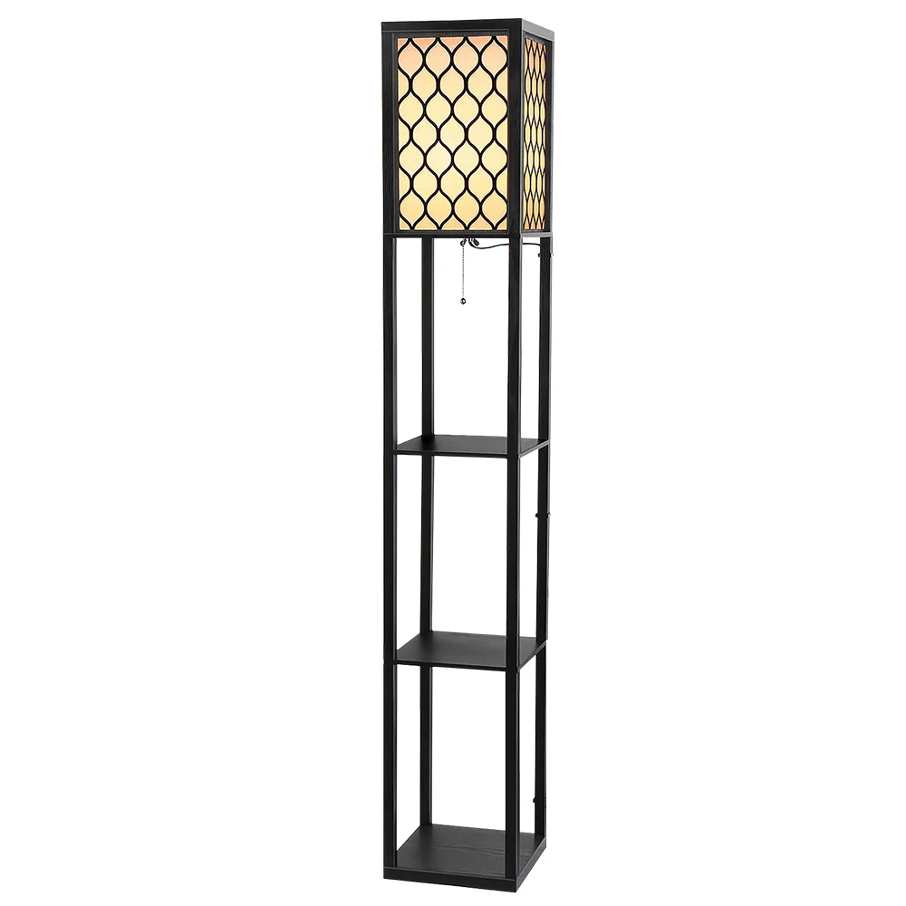 Floor Lamp 3 Tier Shelf Storage LED Light Stand Home Room Pattern - Black - Nurns