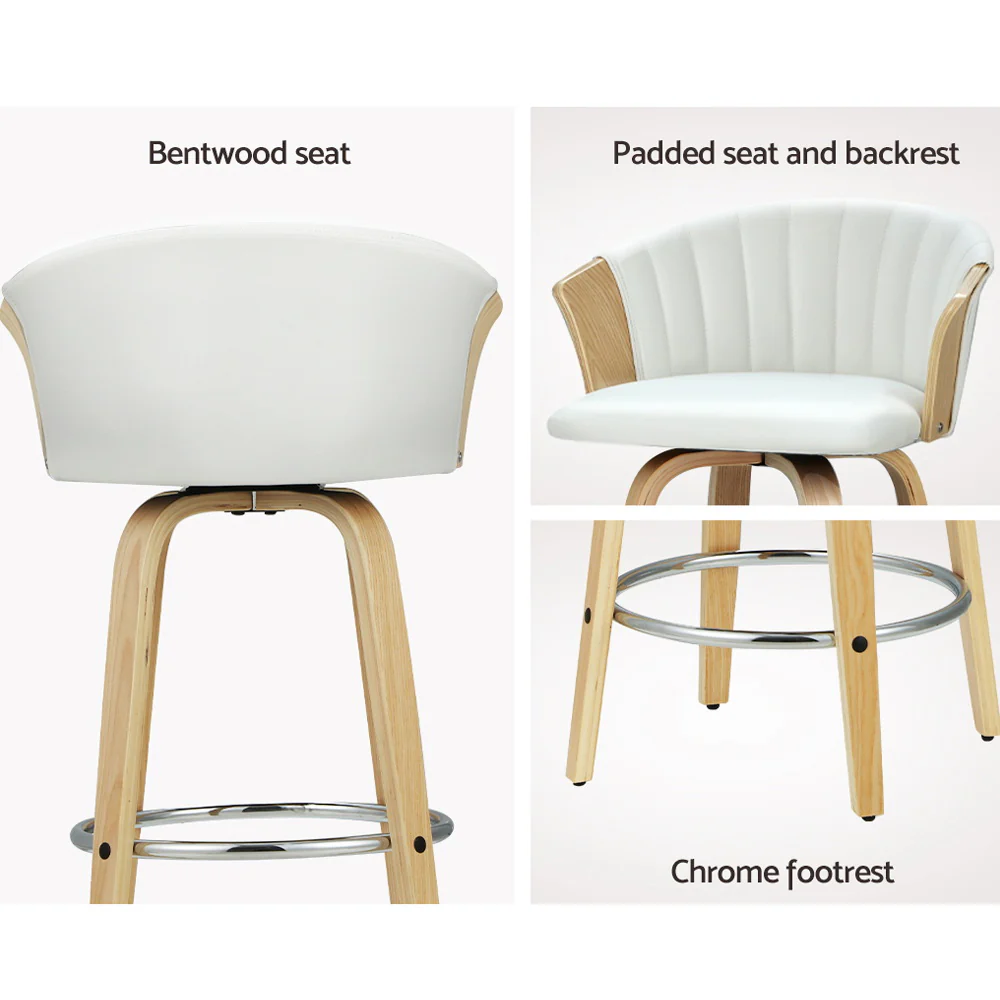 Set of 2 Salisbury Bar Stools Kitchen Stool Wooden Chair Swivel Chairs Leather - White - Nurns