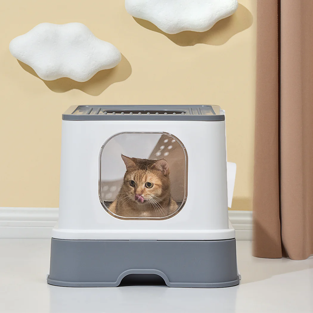 Cat Litter Box Fully Enclosed Kitty Toilet Trapping Sifting Odor Control Basin - Grey - Nurns