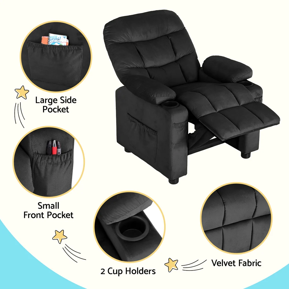 Pippa Kids Recliner Chair Velvet Sofa Lounge Couch Children Chairs Armchair - Black - Nurns