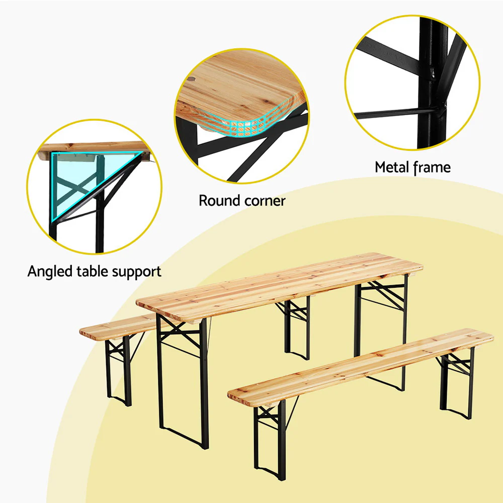 Samuel 6-Seater Lounge Setting Patio Wooden Bench 3-Piece Outdoor Dining Set - Natural - Nurns