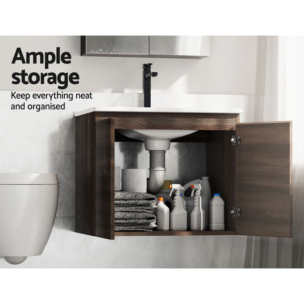 Bathroom Vanity Unit Ceramic Basin Cabinet Wall Mounted Storage 600mm Walnut - Nurns