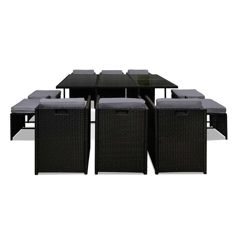 Waltham 10-Seater PE Wicker 11-Piece Outdoor Dining Set - Black - Nurns