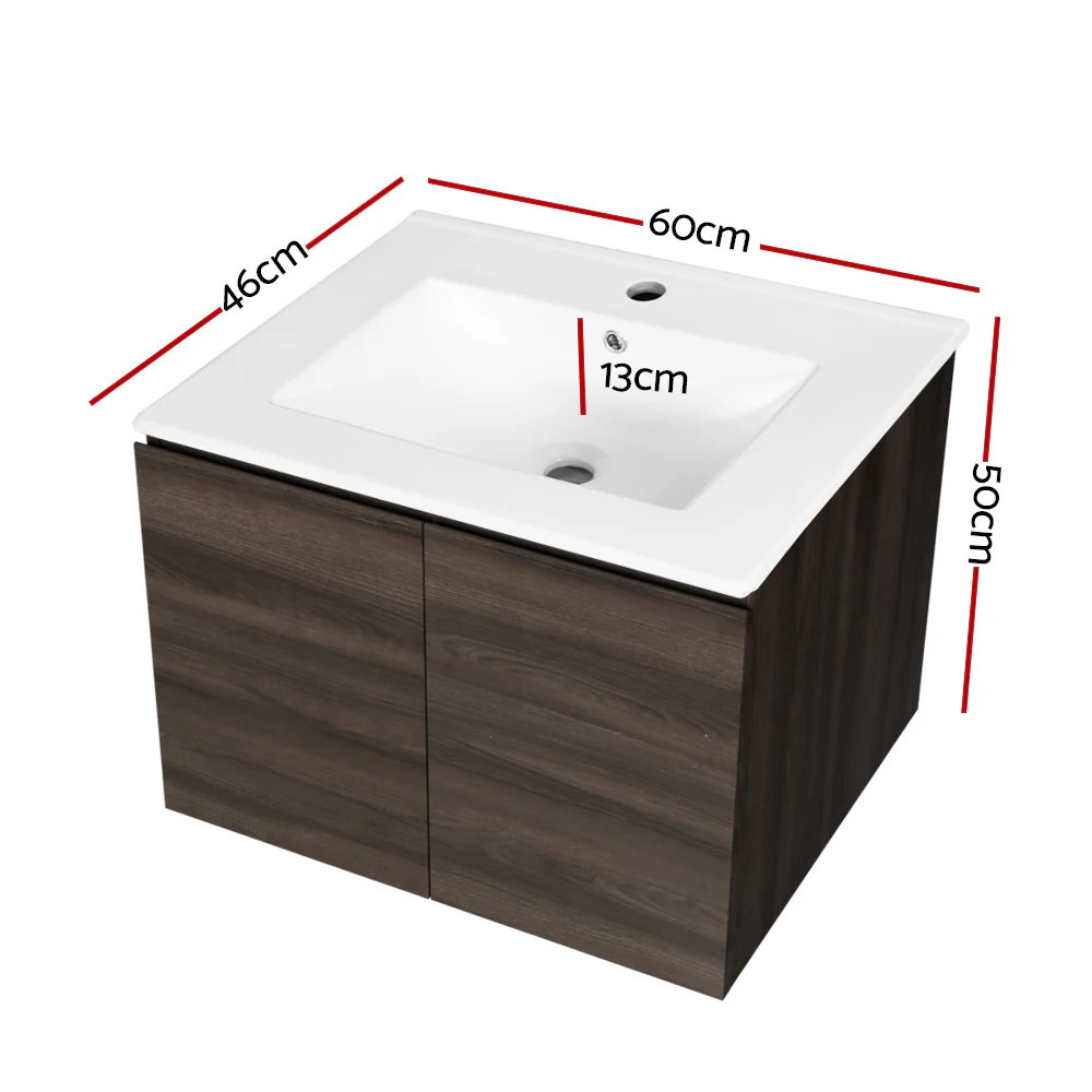 Bathroom Vanity Unit Ceramic Basin Cabinet Wall Mounted Storage 600mm Walnut - Nurns