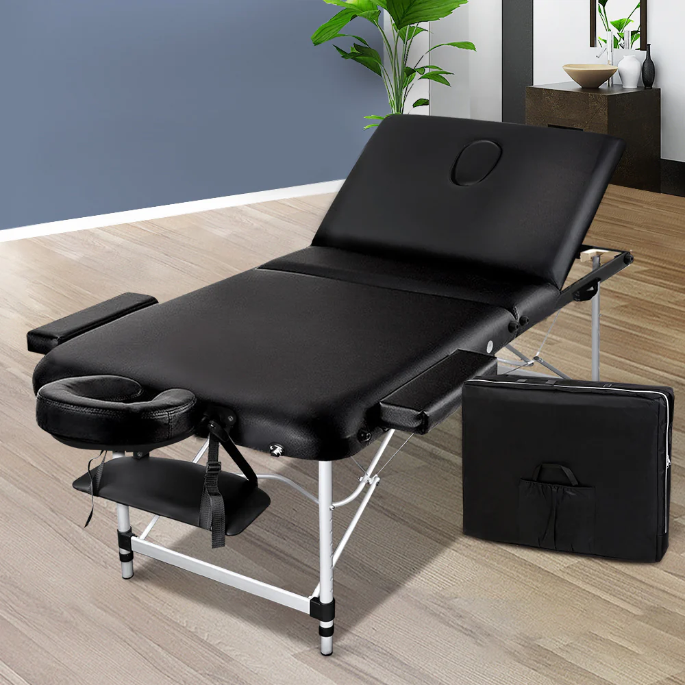 Massage Table 70cm 3 Fold Aluminium Beauty Bed Portable Therapy Black - Nurns