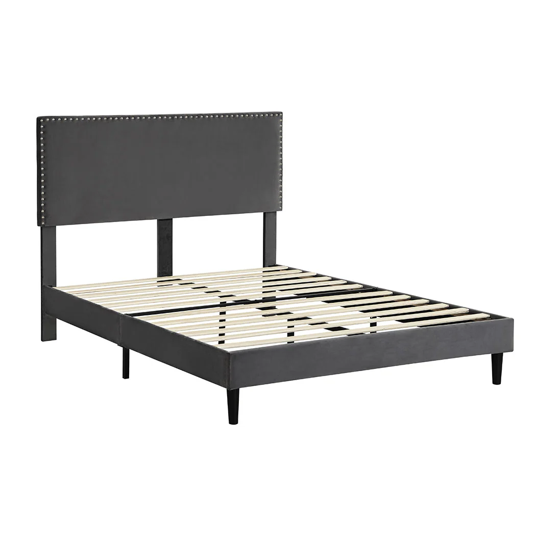 Velsen Bed Frame Base Platform Wooden Velvet with Headboard Grey - Double - Nurns