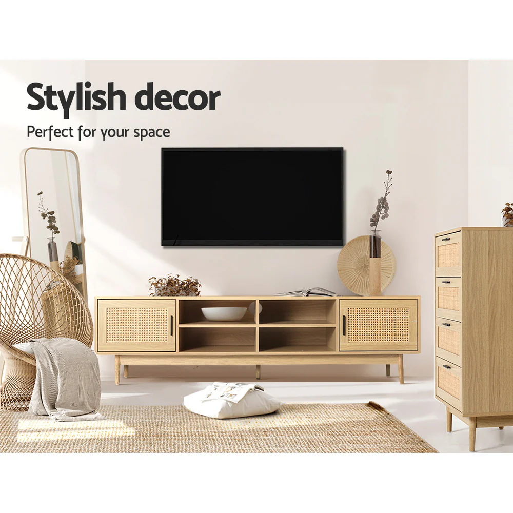 Hansel 180cm TV Cabinet Entertainment Unit TV Stand Wooden Rattan Storage Drawer - Wood - Nurns