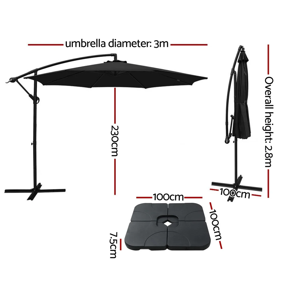 Instahut 3m Umbrella w/Base Outdoor Cantilever Beach Garden Patio Parasol Black - Nurns