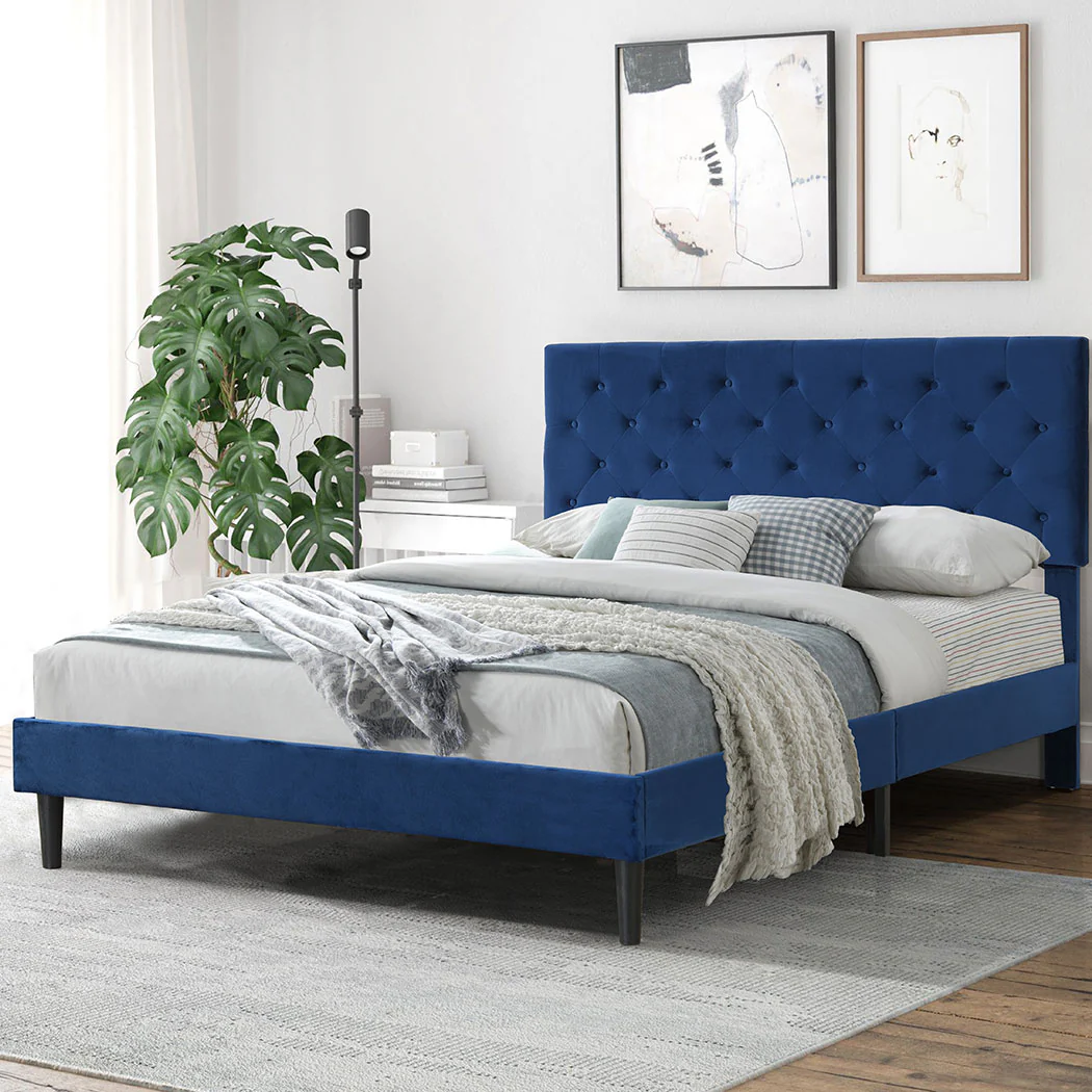 Assen Bed Frame Base Platform Wooden Velvet with Headboard Blue - Double - Nurns